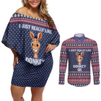 I Just Really Like Donkey Christmas Christmas Couples Matching Off Shoulder Short Dress and Long Sleeve Button Shirt Xmas Holiday Patterns - Wonder Print Shop