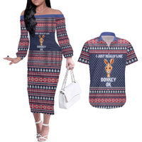 I Just Really Like Donkey Christmas Christmas Couples Matching Off The Shoulder Long Sleeve Dress and Hawaiian Shirt Xmas Holiday Patterns - Wonder Print Shop