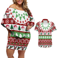 Snowman Tree Christmas Couples Matching Off Shoulder Short Dress and Hawaiian Shirt Xmas Holiday Patterns - Wonder Print Shop