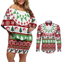 Snowman Tree Christmas Couples Matching Off Shoulder Short Dress and Long Sleeve Button Shirt Xmas Holiday Patterns - Wonder Print Shop
