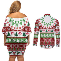 Snowman Tree Christmas Couples Matching Off Shoulder Short Dress and Long Sleeve Button Shirt Xmas Holiday Patterns - Wonder Print Shop