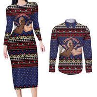 Santa And Jesus Christmas Christmas Couples Matching Long Sleeve Bodycon Dress and Long Sleeve Button Shirt Xmas Holiday Patterns - Wonder Print Shop