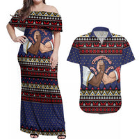 Santa And Jesus Christmas Christmas Couples Matching Off Shoulder Maxi Dress and Hawaiian Shirt Xmas Holiday Patterns - Wonder Print Shop