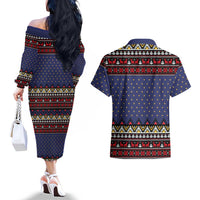 Santa And Jesus Christmas Christmas Couples Matching Off The Shoulder Long Sleeve Dress and Hawaiian Shirt Xmas Holiday Patterns - Wonder Print Shop