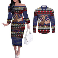 Santa And Jesus Christmas Christmas Couples Matching Off The Shoulder Long Sleeve Dress and Long Sleeve Button Shirt Xmas Holiday Patterns - Wonder Print Shop