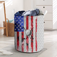 Golf Ball and Clubs Laundry Basket with American Flag Smoke Effect and Hexagon Pattern - Wonder Print Shop