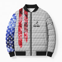 Custom Golf Ball and Clubs Bomber Puffer Jacket with American Flag Smoke Effect and Hexagon Pattern - Wonder Print Shop