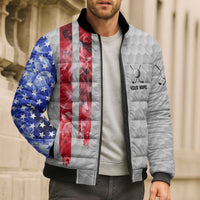 Custom Golf Ball and Clubs Bomber Puffer Jacket with American Flag Smoke Effect and Hexagon Pattern - Wonder Print Shop