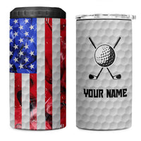 Custom Golf Ball and Clubs 4 in 1 Can Cooler Tumbler with American Flag Smoke Effect and Hexagon Pattern - Wonder Print Shop