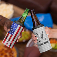 Custom Golf Ball and Clubs 4 in 1 Can Cooler Tumbler with American Flag Smoke Effect and Hexagon Pattern - Wonder Print Shop