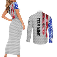 Custom Golf Ball and Clubs Couples Matching Short Sleeve Bodycon Dress and Long Sleeve Button Shirt with American Flag Smoke Effect and Hexagon Pattern - Wonder Print Shop