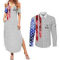 Custom Golf Ball and Clubs Couples Matching Summer Maxi Dress and Long Sleeve Button Shirt with American Flag Smoke Effect and Hexagon Pattern - Wonder Print Shop