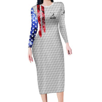 Custom Golf Ball and Clubs Long Sleeve Bodycon Dress with American Flag Smoke Effect and Hexagon Pattern - Wonder Print Shop