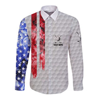 Custom Golf Ball and Clubs Long Sleeve Button Shirt with American Flag Smoke Effect and Hexagon Pattern - Wonder Print Shop