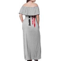 Custom Golf Ball and Clubs Off Shoulder Maxi Dress with American Flag Smoke Effect and Hexagon Pattern - Wonder Print Shop