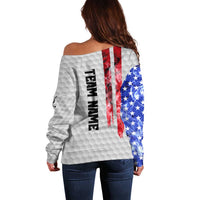 Custom Golf Ball and Clubs Off Shoulder Sweater with American Flag Smoke Effect and Hexagon Pattern - Wonder Print Shop