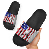 Golf Ball and Clubs Slide Sandals with American Flag Smoke Effect and Hexagon Pattern - Wonder Print Shop