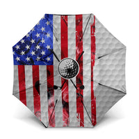 Golf Ball and Clubs Umbrella with American Flag Smoke Effect and Hexagon Pattern - Wonder Print Shop