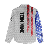 Custom Golf Ball and Clubs Women Casual Shirt with American Flag Smoke Effect and Hexagon Pattern - Wonder Print Shop