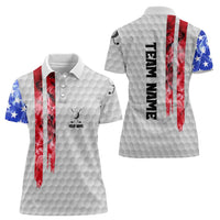 Custom Golf Ball and Clubs Women Polo Shirt with American Flag Smoke Effect and Hexagon Pattern - Wonder Print Shop