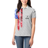 Custom Golf Ball and Clubs Women Polo Shirt with American Flag Smoke Effect and Hexagon Pattern - Wonder Print Shop