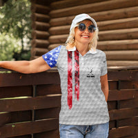 Custom Golf Ball and Clubs Women Polo Shirt with American Flag Smoke Effect and Hexagon Pattern - Wonder Print Shop