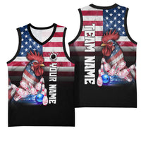 Custom Bowling Rooster Basketball Jersey with Striking Pins and American Flag Feather Pattern - Wonder Print Shop