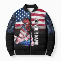 Custom Bowling Rooster Bomber Puffer Jacket with Striking Pins and American Flag Feather Pattern - Wonder Print Shop