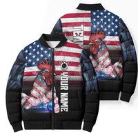 Custom Bowling Rooster Bomber Puffer Jacket with Striking Pins and American Flag Feather Pattern - Wonder Print Shop