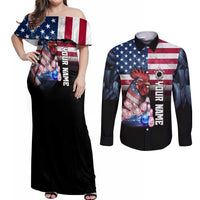 Custom Bowling Rooster Couples Matching Off Shoulder Maxi Dress and Long Sleeve Button Shirt with Striking Pins and American Flag Feather Pattern - Wonder Print Shop