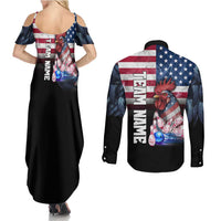 Custom Bowling Rooster Couples Matching Summer Maxi Dress and Long Sleeve Button Shirt with Striking Pins and American Flag Feather Pattern - Wonder Print Shop