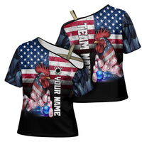 Custom Bowling Rooster Cross Shoulder Shirt with Striking Pins and American Flag Feather Pattern - Wonder Print Shop