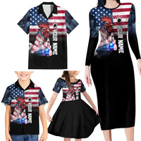 Custom Bowling Rooster Family Matching Long Sleeve Bodycon Dress and Hawaiian Shirt with Striking Pins and American Flag Feather Pattern - Wonder Print Shop