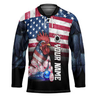 Custom Bowling Rooster Hockey Jersey with Striking Pins and American Flag Feather Pattern - Wonder Print Shop