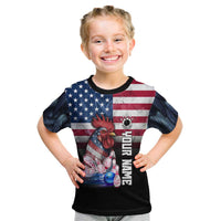 Custom Bowling Rooster Kid T Shirt with Striking Pins and American Flag Feather Pattern - Wonder Print Shop