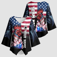 Custom Bowling Rooster Kimono Sleeve Blouse with Striking Pins and American Flag Feather Pattern - Wonder Print Shop