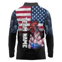Custom Bowling Rooster Long Sleeve Polo Shirt with Striking Pins and American Flag Feather Pattern - Wonder Print Shop