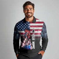 Custom Bowling Rooster Long Sleeve Polo Shirt with Striking Pins and American Flag Feather Pattern - Wonder Print Shop