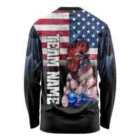 Custom Bowling Rooster Long Sleeve Shirt with Striking Pins and American Flag Feather Pattern - Wonder Print Shop