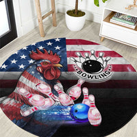 Bowling Rooster Round Carpet with Striking Pins and American Flag Feather Pattern - Wonder Print Shop
