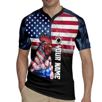 Custom Bowling Rooster Rugby Jersey with Striking Pins and American Flag Feather Pattern - Wonder Print Shop