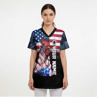 Custom Bowling Rooster Scrub Top with Striking Pins and American Flag Feather Pattern - Wonder Print Shop