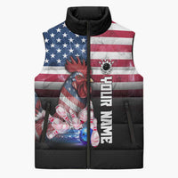 Custom Bowling Rooster Sleeveless Puffer Jacket with Striking Pins and American Flag Feather Pattern - Wonder Print Shop
