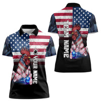 Custom Bowling Rooster Women Polo Shirt with Striking Pins and American Flag Feather Pattern - Wonder Print Shop