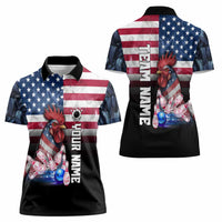 Custom Bowling Rooster Women Polo Shirt with Striking Pins and American Flag Feather Pattern - Wonder Print Shop