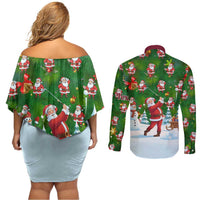 Custom Funny Christmas Golf Shirt Mens Golf Couples Matching Off Shoulder Short Dress and Long Sleeve Button Shirt Santa Golfer Christmas - Wonder Print Shop