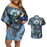 Off-shoulder short dress and Hawaiian shirt set, multicolor dot art animal print