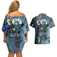 Back view: off-shoulder short dress and Hawaiian shirt set with multicolor dot art print