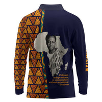 Kwame Nkrumah Ghana Long Sleeve Polo Shirt African Map Pattern Design and Economic Freedom Quote Tribute - Wonder Print Shop