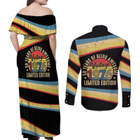 Vintage 1976 Birthday Celebration Couples Matching Off Shoulder Maxi Dress and Long Sleeve Button Shirt 50th Birthday for Him - Retro Distressed Stripe Pattern